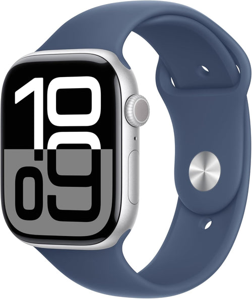 Apple Watch Series 10 [GPS 46mm case] Smartwatch with Silver Aluminium Case with Denim Sport Band - S/M. Fitness Tracker, ECG App, Always-On Retina Display, Water Resistant - MWWL3LW