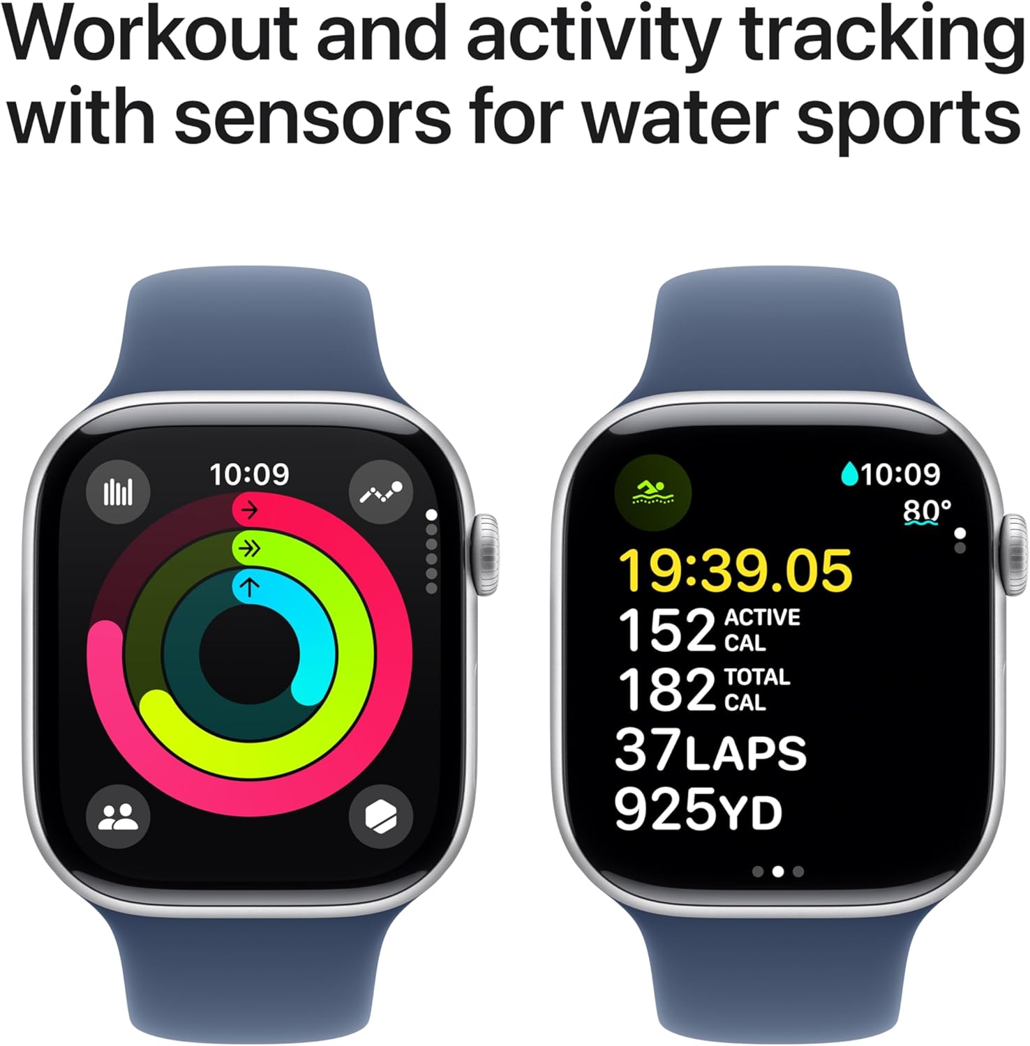 Apple Watch Series 10 [GPS 42mm case] Smartwatch with Silver Aluminium Case with Denim Sport Band - S/M. Fitness Tracker, ECG App, Always-On Retina Display, Water Resistant - MWWC3LW